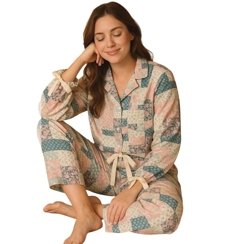 Simply Southern Floral Patchwork Pajama Set Pink Blue XL Button Down Loungewear‎
